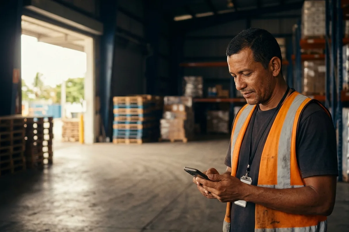 Trabajador consultando su celular en una bodega